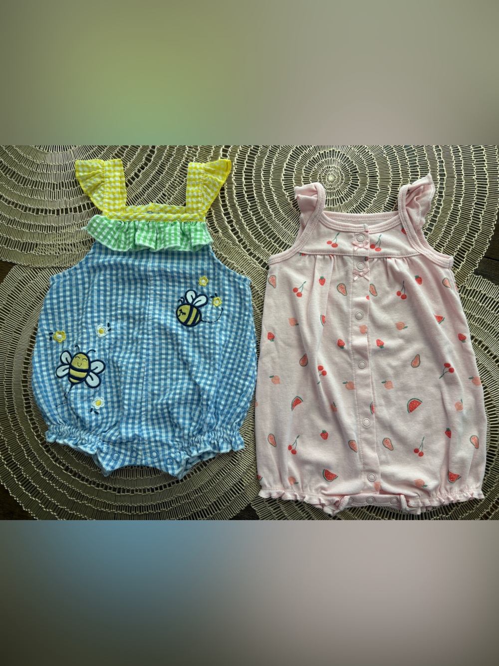 Baby Girls Summer Rompers - Bee Gingham & Pink Fruit Print